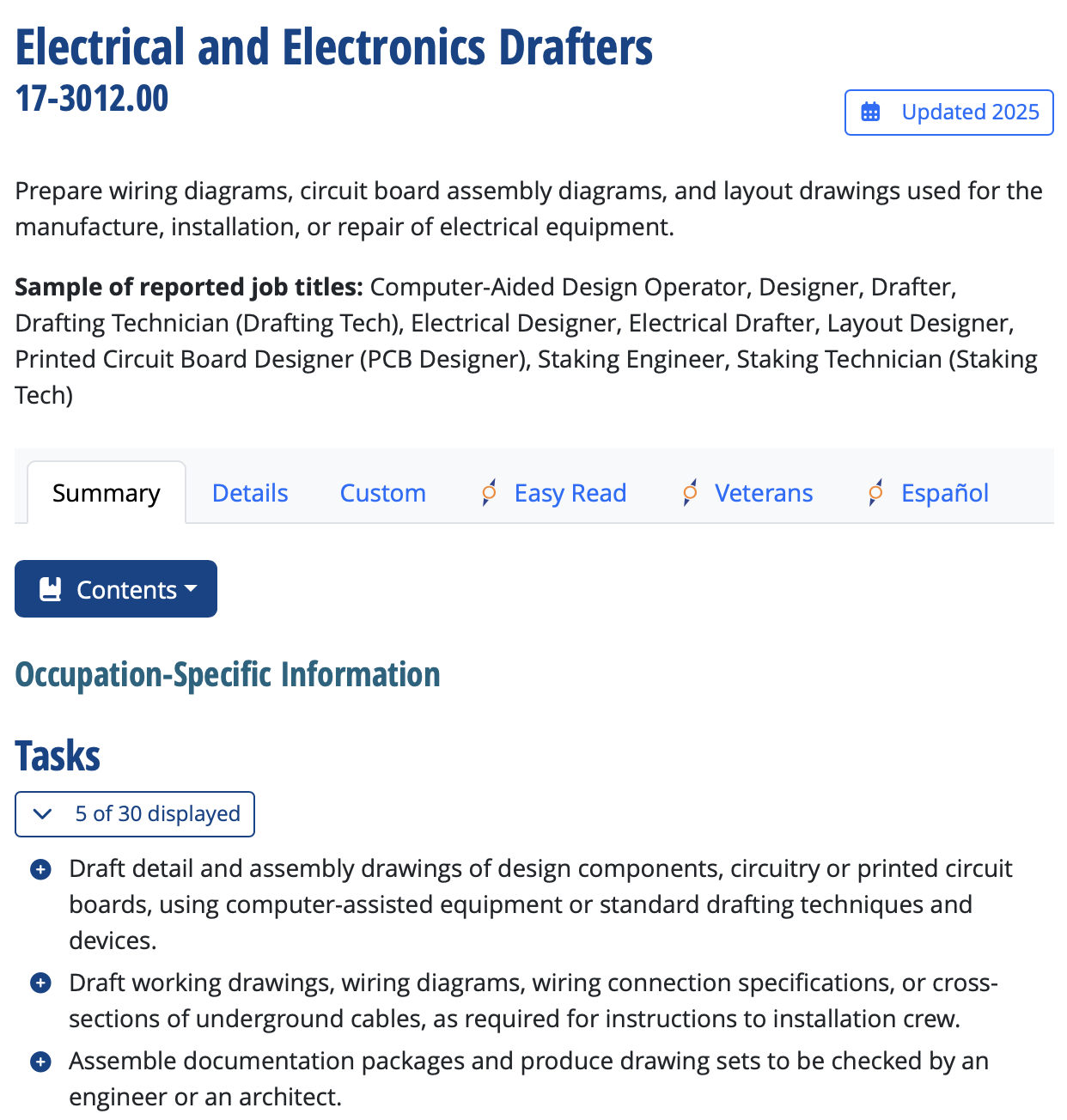 Sample of O*NET OnLine occupation report